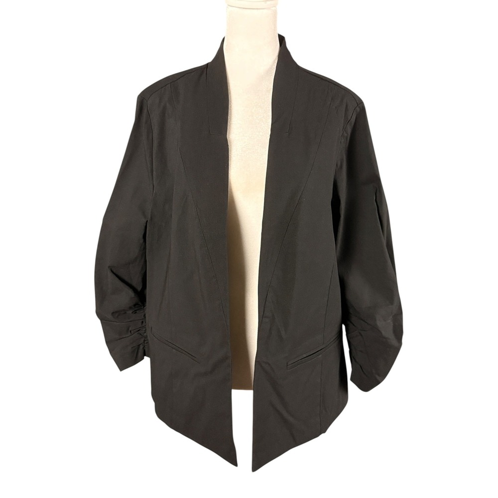 Torrid Blazer Womens 2 Black Open Front Ruched 3/4 Sleeve‎ Collarless Workwear
